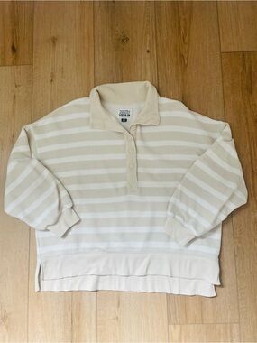 American Eagle Outfitters Cream and White Striped Pullover Hoodie M